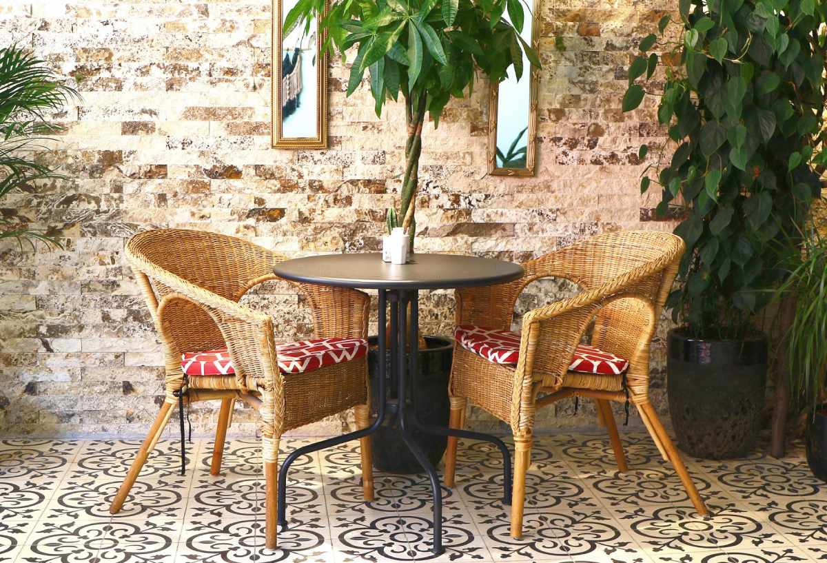 natural rattan chairs in indoor cafe seating