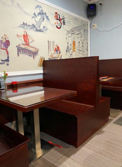 Commercial wood booths, tables and chairs in mahogany stain for Chinese restaurant 