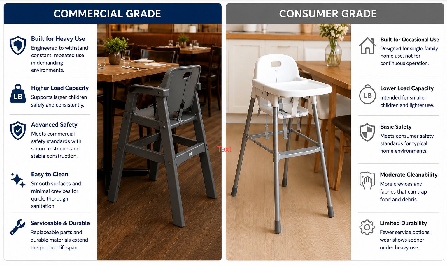 Commercial restaurant high chair showing stackable steel frame design and wipe-clean surface construction