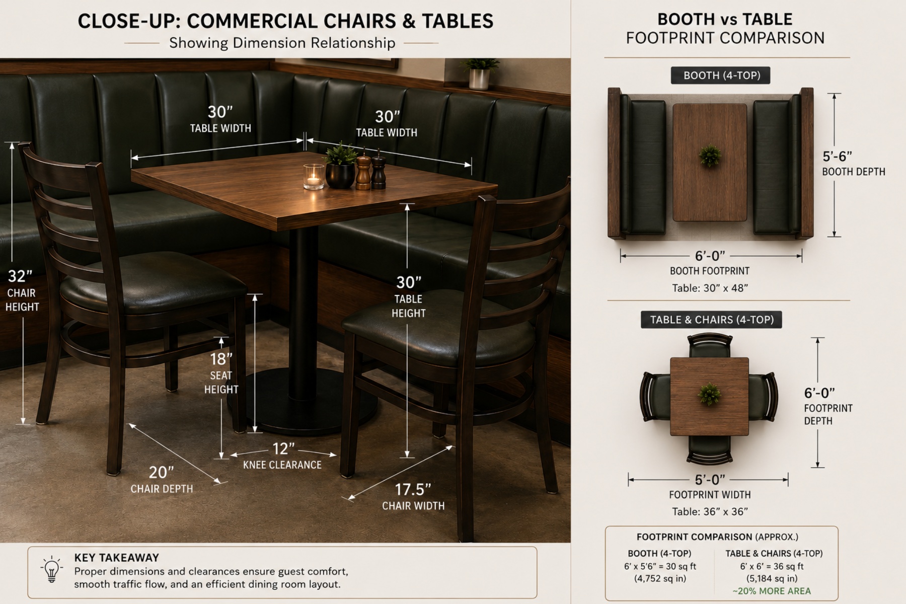 Close-up of commercial restaurant chairs and tables in a small dining room — chair dimensions and table sizing directly determine cover count in venues under 50 seats