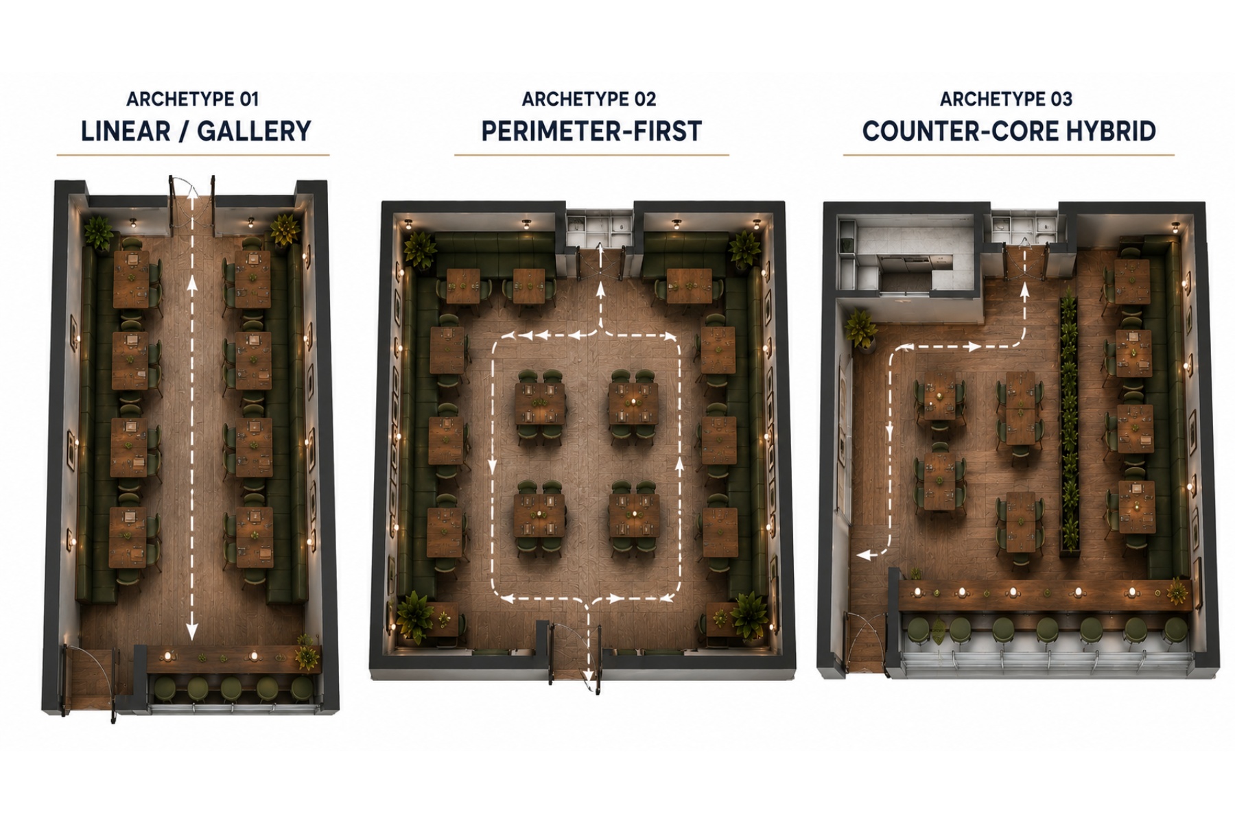 Three small restaurant layout archetypes side by side — linear, perimeter, and central cluster configurations for dining rooms under 50 seats