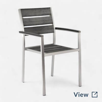 Weather-resistant aluminum restaurant arm chair with pewter synthetic teak wood slats, perfect for outdoor commercial dining