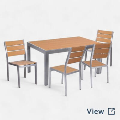 Commercial-grade 5-piece dining set featuring aluminum frames with tan synthetic teak slats, including weather-resistant table and stackable chairs for indoor-outdoor restaurant use