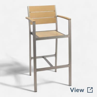 Commercial grade aluminum bar stool with tan synthetic teak slats, designed for outdoor restaurant and bar seating