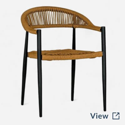 Commercial stackable rope restaurant chair with tan woven seat and back, featuring black metal frame for indoor and outdoor dining