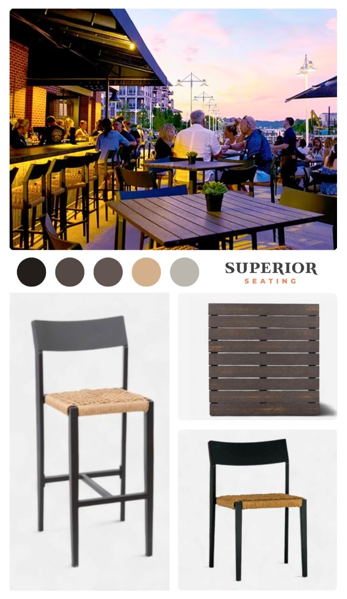 Moodboard of industrial and coastal-inspired furniture for Garvies Point Brewery on Long Island