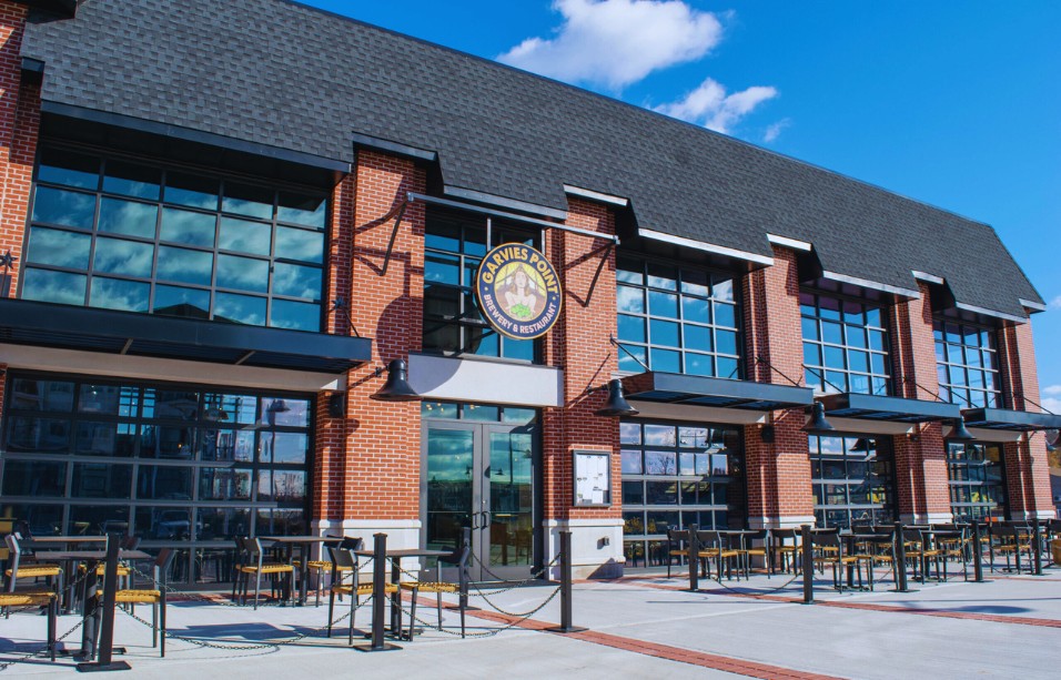 Industrial outdoor seating area at Garvies Point Brewery, Long Island, featuring weather-resistant commercial furniture