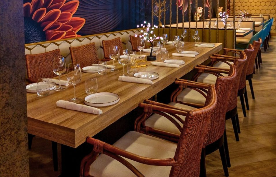 Banquet hall table setup at Katana Cocina Nikkei Sushi Restaurant in Weston, Florida, with custom dining furniture